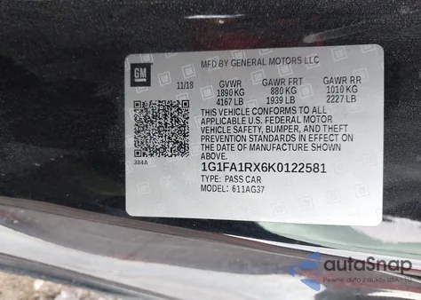 2019 Chevrolet Camaro 1Lt from USA, damaged, VIN 1G1FA1RX6K0122581